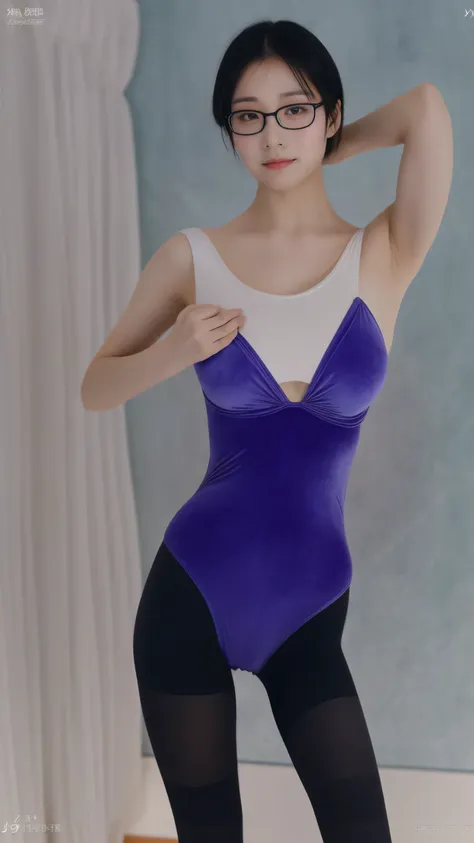 (a cute gilr:1.0), (velour leotard:1.1), (shiny violet colored leotard:1.2), (high-necked leotard:1.0), (low exposed leotard:1.0...