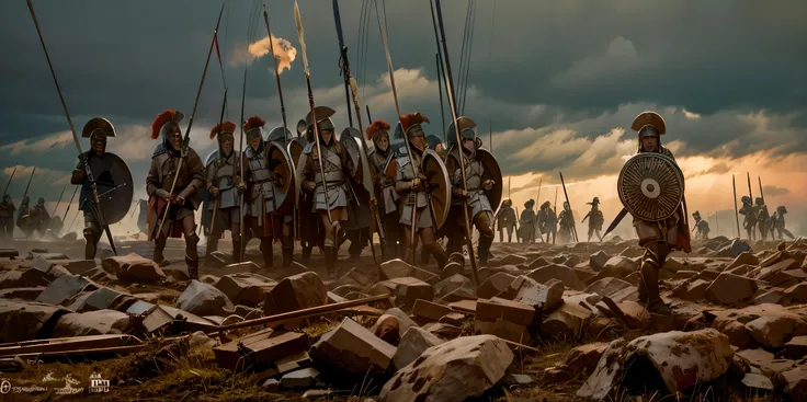 there are many people in the RAW photo, Lt. Artur Tarnowski, leading the Spartans into battle, bottom: battle scene, ancient battlefield, epic battle scene, undead soldiers in bottom, Lt. Ludwik Konarzewski, by Roman Bezpalkiv, Lt. Krzysztof Boguszewski, d...