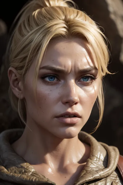 Best quality, high resolution, Masterpiece: 1.3, Beautiful Blonde Cave Savage (Troglodyte), Masterpiece, Furious Expression, Realistic, 1woman, Attractive Blonde Features, Animal Skin Outfit, Angry, Detailed Face, Anguished Eyes, Bared Teeth, Rough Texture...