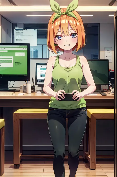 Yotsubanakano, Yotsuba Nakano, bangs, short hair, blue eyes, Hair between the eyes, hair ribbon, hair band, Orange Hair, (Green ribbon:1.5), smile, Grin,Green tank top,Skinny jeans,Stiletto heels,There is a computer on the table,interior,Walking,whole body...