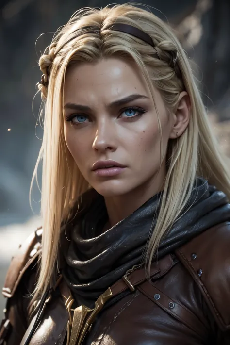 Best quality, high resolution, Masterpiece: 1.3, Beautiful Blonde Cave Savage (Troglodyte), Masterpiece, Furious Expression, Realistic, 1woman, Attractive Blonde Features, Animal Skin Outfit, Angry, Detailed Face, Anguished Eyes, Bared Teeth, Rough Texture...