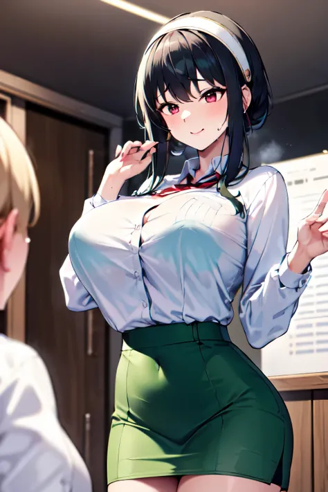 masterpiece, best quality, highres, BBYORF, short hair with long locks, white hairband, red eyes, gold earrings, (large breasts,busty),full bust,slender,(thin_Waist:1.4), office lady, white shirt, collared shirt,long sleeves, green skirt, (Black tights),of...