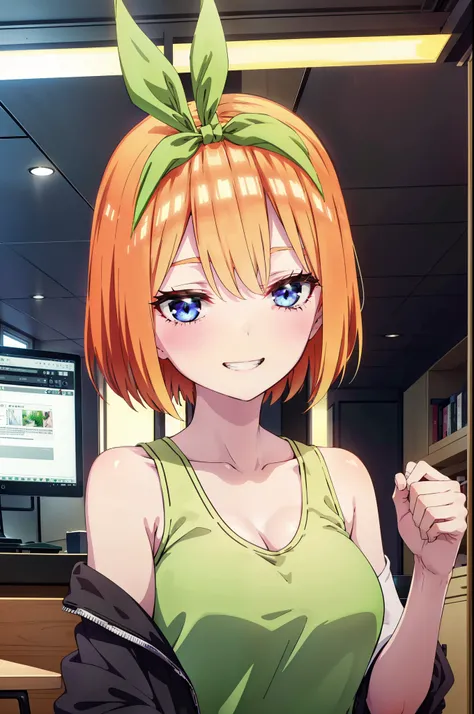 Yotsubanakano, Yotsuba Nakano, bangs, short hair, blue eyes, Hair between the eyes, hair ribbon, hair band, Orange Hair, (Green ribbon:1.5), smile, Grin,Green tank top,Skinny jeans,Stiletto heels,There is a computer on the table,interior,Walking,whole body...