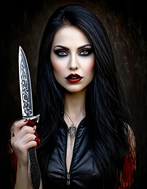 a woman with blood on her face, holding a knife in her hand, vampire girl, dark fantasy horror art, fantasy horror art, horror f...