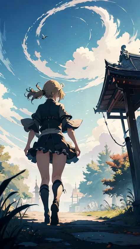 Arthur Rackham, Zdenko Bašić, Dave Petzold, Heikala, Surrealism, wonder, strange, fantastical, fantasy, Sci-fi, Japanese anime, falling feathers, giant globe, beautiful blonde miniskirt girl Alice taking a walk, perfect voluminous body, detailed masterpiec...