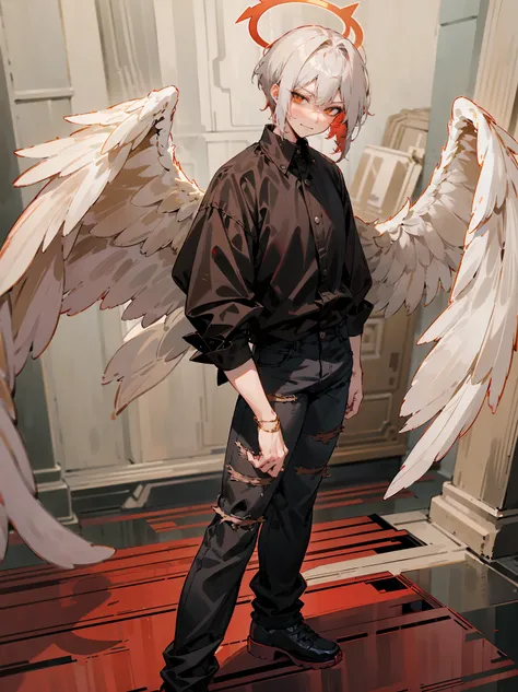 1male, Adult, Two Tone Hair, Crimson and White Hair, Short Hair, Undercut Hair, Red Angel Halo, Black Angel Wings, Golden Eyes, Smirk, Black Flannel Shirt, Black Ripped Jeans, Standing On Path