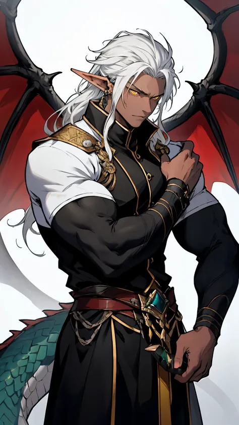  Man, tall, big, strong, black, elf, black, black skin, long hair, yellow eyes, elf, earring, emperor, domineering , Straight white hair, white hair, yellow eyes , black skin , Dragon horn 