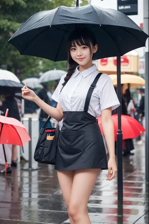 A 20-year-old girl selling umbrellas with umbrellas lined up（Wearing a miniskirt and apron）on a rainy day