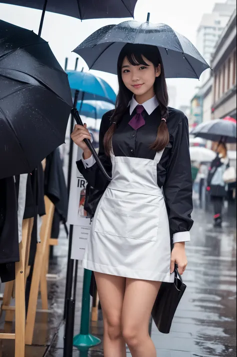 A 22-year-old girl selling umbrellas with umbrellas lined up（Wearing a miniskirt and apron）on a rainy day