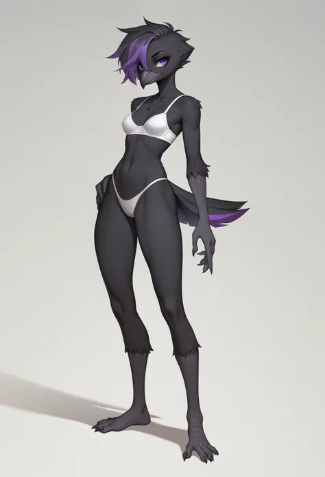 Score_9, score_8_up, score_7_up, flat colors,  an Anthro avian crow girl, female, small grey beak, tall, small crow tail, black body, standing, white background, purple eyes, short black emo hair, purple highlights in hair, hands with five fingers, wearing...