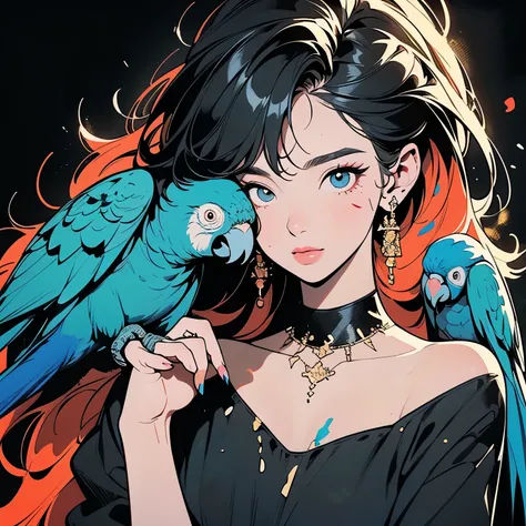 (((Beautiful bird with One woman))), (((A Very large parrot on your shoulder))), Brilliant, Super detailed face and eyes, Dripping Paint, (((Perfect bird))), Complex, wonderful, Fantastic, Gold leaf trim, Magic, Masterpiece Painting, Super detailed, Enchan...