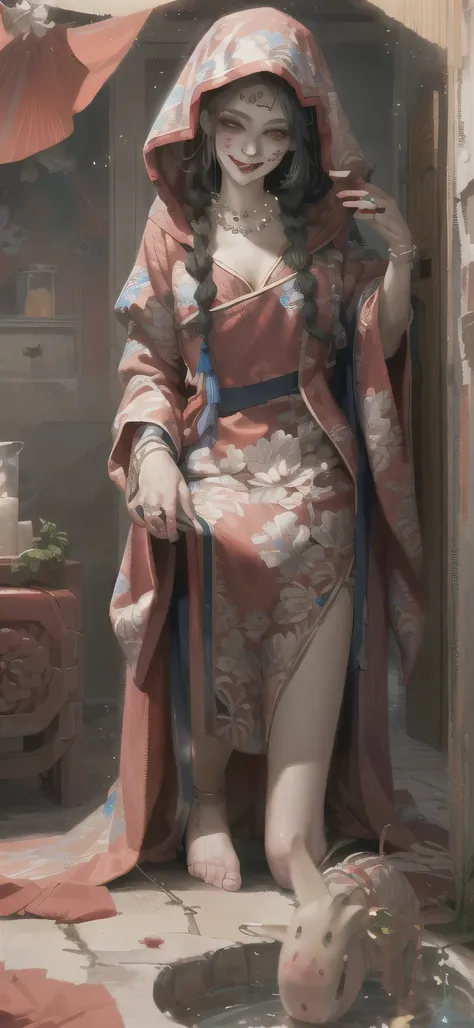 masterpiece,(masterpiece, top quality, best quality, solo, kneeling, beads, veil, holding, jewelry, looking at viewer, necklace, candle, 1girl, indoors, hood, long sleeves, blood, floral print, hood up, smile, dark, (red chinese clothes), dress, horror (th...