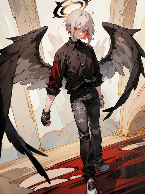 1male, Adult, Two Tone Hair, Crimson and White Hair, Short Hair, Undercut Hair, Red Angel Halo, Black Wings, Golden Eyes, Smirk, Black Flannel Shirt, Black Ripped Jeans, Standing On Path
