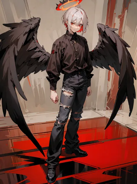 1male, Adult, Two Tone Hair, Crimson and White Hair, Short Hair, Undercut Hair, Red Angel Halo, Black Wings, Golden Eyes, Smirk, Black Flannel Shirt, Black Ripped Jeans, Standing On Path