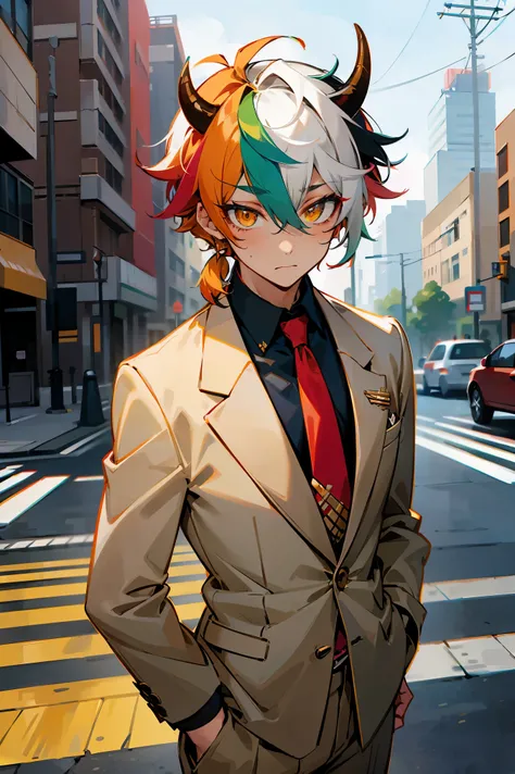 Rainbow Messy Hair ,Multicolored Hair, Golden Eyes, Bull Horns , Undercut Hair , Tan Skin , Grey Blazer with a White button up and red tie , Dark Green Slacks , Modern City Background , Standing on sidewalk , Hair over eyes