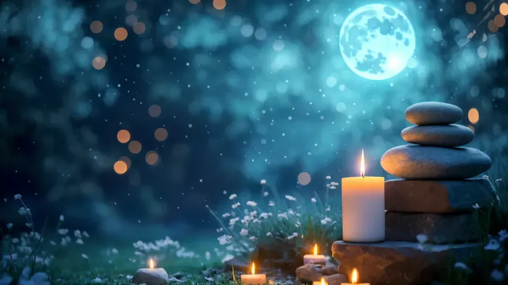 full moon background、a candle and a stone are lit on the grass, night with moon and candle, moon and candle, dreamy atmosphere o...