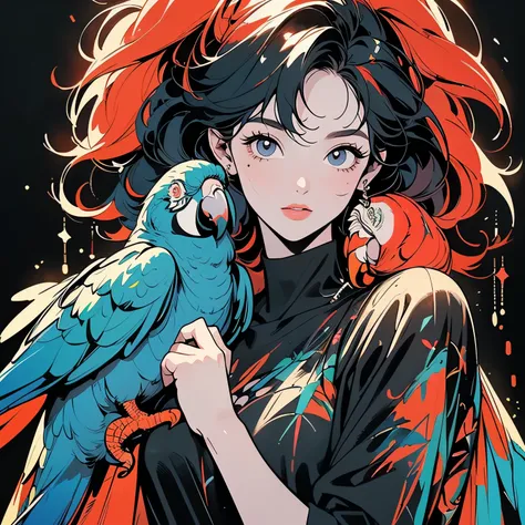 (((Beautiful bird with One woman))), (((only one Very large parrot on your shoulder))), Brilliant, Super detailed face and eyes, Dripping Paint, (((Perfect bird))), Complex, wonderful, Fantastic, Gold leaf trim, Magic, Masterpiece Painting, Super detailed,...