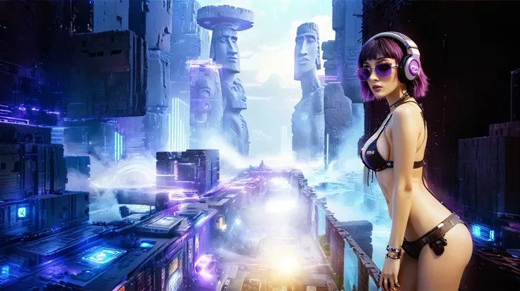 masterpiece, best quality, high resolution, 8k, (Portrait Photos:1.5), (R Original Photo), real picture, Digital Photography, (A fusion of cyberpunk and fantasy), 20 year old girl, solo, (((black sunglasses, headphone))), Feel free to hairstyle, Purple Eye...