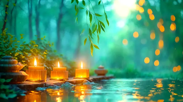 candles are lit in a pond of water with a tree in the background, floating candles, peaceful ambience, serene evening atmosphere, relaxing atmosphere, relaxing environment, glowing candles, serene lighting, lit candles, lit with candles, peaceful and seren...