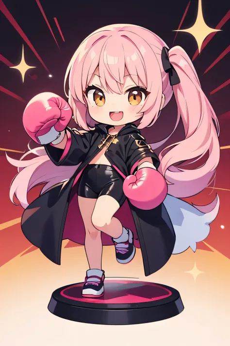 Highest quality,chibi,Pink semi-long,Hair,Black leather clothing,semi-long,Full body front view,Character portrait,Golden eyes,Boxing gloves,Background white,big mouth,smile