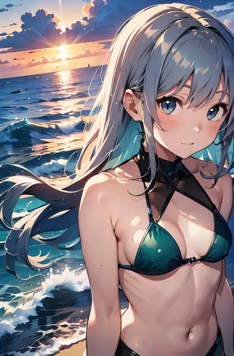 Silver-haired girl drawn in high resolution Japanese anime style、Standing alone on the white sand beach of a deserted island。She is topless、topless、Her hair is in a ponytail that sparkles in the light....。The sea in the background shines emerald green....、...