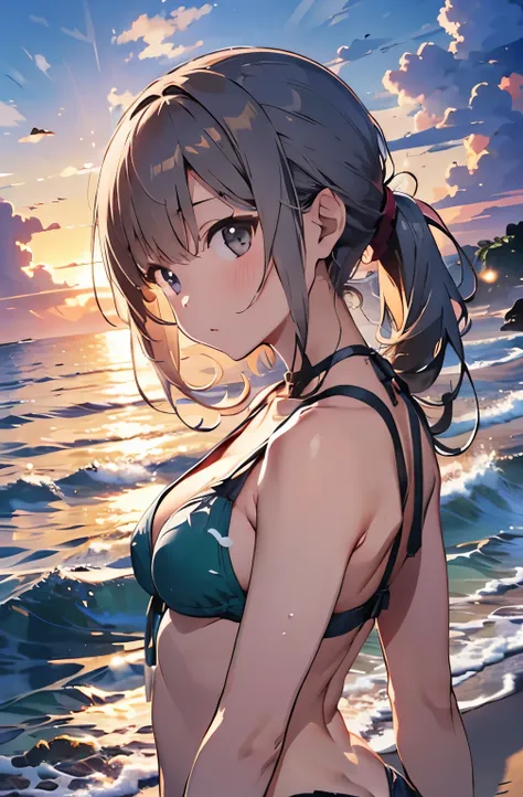 Silver-haired girl drawn in high resolution Japanese anime style、Standing alone on the white sand beach of a deserted island。She is topless、topless、Her hair is in a ponytail that sparkles in the light....。The sea in the background shines emerald green....、...