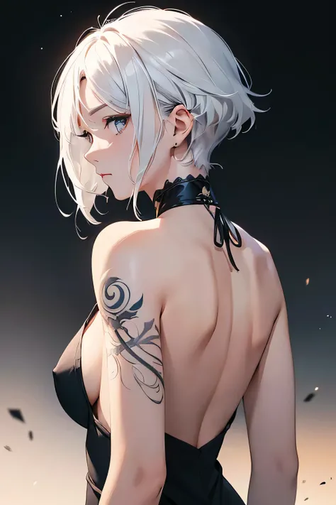 (Image from chest up:1.4)((masterpiece:1.5,Highest quality,Beautiful images、2.5D、Abstract、Artistic、Portraiture))(1girl, solo)(medium breasts, white hair、bob hair、Beautiful cleavage、Exposing shoulders、Tattoo on shoulder)(Profile Portrait,Gaze sideways、Gaze ...