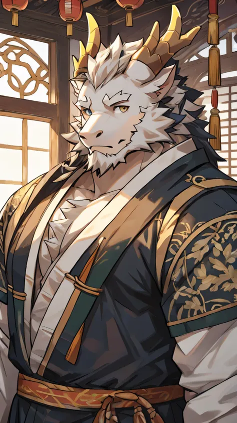 (white eastern dragon),furry,white mustache,big pecs,hearty males,muscular,black imperial robe,adult,traditional_chinese_room,head portrait