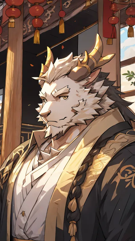 (white eastern dragon),furry,white mustache,big pecs,hearty males,muscular,black imperial robe,adult,traditional_chinese_room,head portrait
