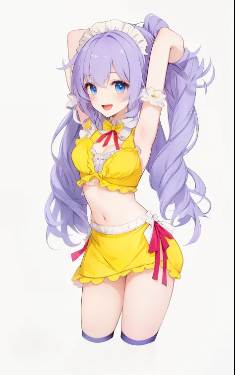 White background、Lovely、Purple braids、blue eyes、Lovely姿势、Open mouth smile、Maid costume、Hair tying posture