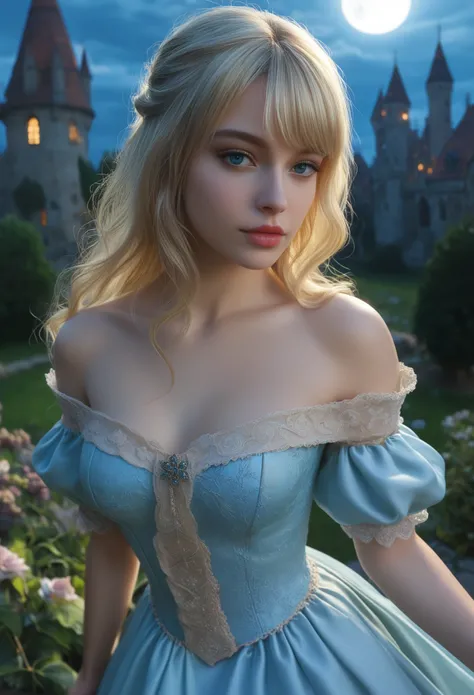 score_9, score_8_above, score_7_above, 1girl, realistic, blonde long hair with bangs, blue_eyes, realistic skin texture, detailed picture, upper_body, HD32k, royal_garden, medieval_castle, elegant_green_dress, off_shoulder_dress, moonlight, night, fullmoon...