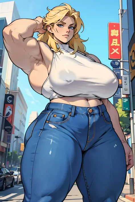 muscular woman, with blonde hair, with pale white skin, with giant breasts huge big big big big, with thighs massive beefy muscular thick thick thick big big big, con jeans y un top, Standing, en la ciudad