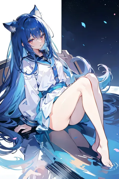 （masterpiece：1.2），Super detailed，lifelike，Expressive eyes，fair skin，perfect face shape，1 girl，
Japanese comics,Gorgeous blue hair,flowing blue hair,flowing clothes,Cat ears,Petals fall,beautiful lola,Baby Angel,
Shaking head with one hand，Cross your legs，G...