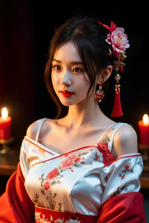 1 girl, hair accessories, alone, flower, hair flower, candle, earrings, jewelry, black hair, black eyes, Fuzzy, Lips, Red Lips, looking at the audience, tassel, Depth of Field, cosmetics, actual,(Red_clothing:1.3),chinese clothing, 碎flower, Upper Body, Lar...