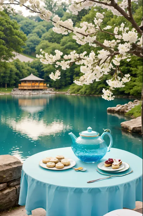 Stunning photography of Outside beside a lake cryestal clear blue water a beautiful table teapot cup plate cookies and a beautiful vase full with beautiful flowers.a branch full of cherry flowers beside the tajle full size