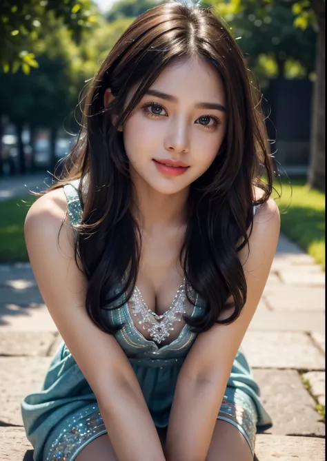 a beautiful indian young girl, detailed face with beautiful eyes and lips, long hair, street fashion style, above knee length dress, photorealistic, masterpiece, 8k, ultra detailed, highly detailed, realistic, cinematic lighting, vibrant colors, warm tones...