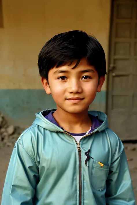 Afghanistan, 2001. A little ((((10-year-old)) hazara boy)), ((shy expression)), ((((clothings from the 2000s)))), ((short hairstyle of the 2000s)), ((colorful))