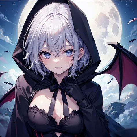 ((((vampire　Inflammation))))　(((Gray Hair　short hair　blue eyes　woman　Center close-up)))，((night　full moon　My own big wings))，(Wearing a hood　Black camisole　Purple light　Wearing a cloak)，　Creepy Smile　Showing teeth　Shining Background　Shining Edges