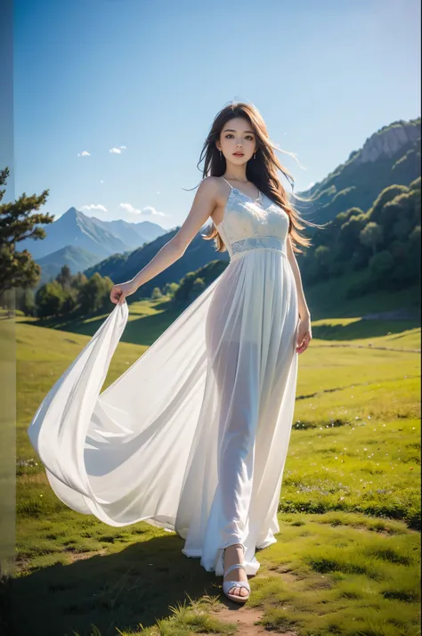 1girl, white dress, long flowing hair, beautiful detailed eyes, beautiful detailed lips, extremely detailed face and features, slender figure, graceful dance, green meadow, blue sky, snowy mountains, (best quality,4k,8k,highres,masterpiece:1.2),ultra-detai...