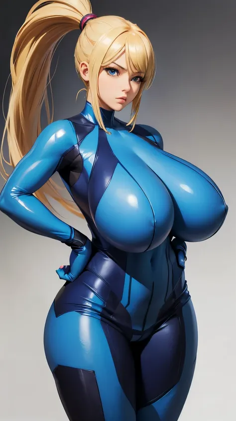 Masterpiece, high quality, highres, anime, perfect anatomy, (1girl), simple background, ((gigantic breasts, huge breasts)), hands on hip, samus aran, blue bodysuit, ponytail, covered, from below, low angle shot, standing, tall, breast focus, front view,