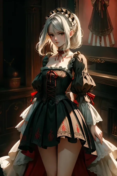  ((best quality)), ((masterpiece)), (detailed), very skinny, prominent collarbones, skinny arms, flat stomach, visible hip bones, red and white clothing, Bloodborne inspired, occult aesthetic, occult, detailed and intricate steampunk and detailed gothic, N...