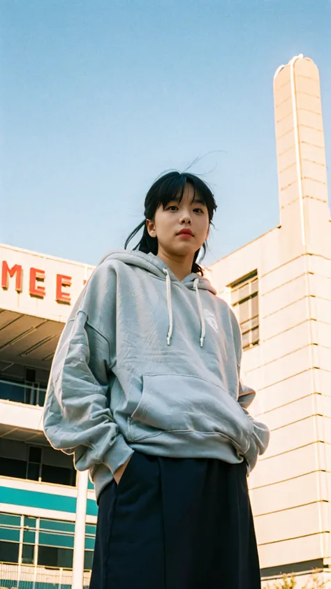 Best Quality,Masterpiece,Ultra High Resolution,(Realisticity:1.4),Original Photo, 1Girl,1 girl, wear ((orange neon oversized hoodie)), (purple tennis skirt), light leak,dark intens shadow,ultra high resolution,UHD,beautiful, black bob hair, almond eye, no ...