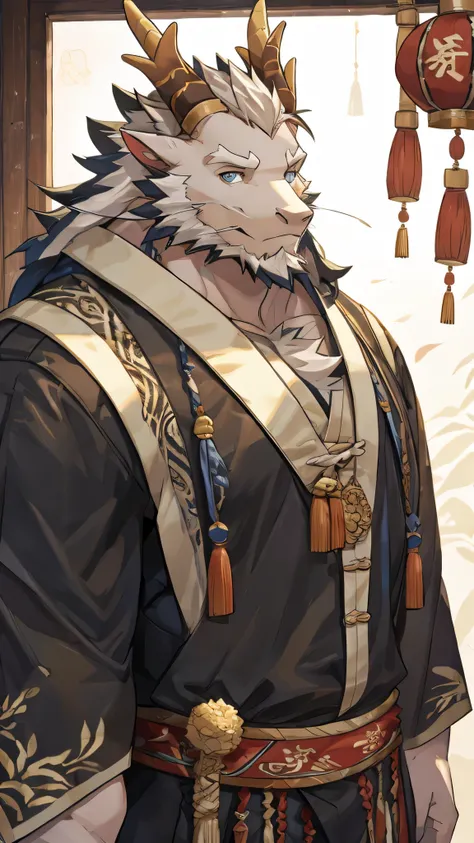 (white eastern dragon),furry,white mustache,big pecs,hearty males,muscular,black imperial robe,naked,adult,traditional_chinese_room,head portrait