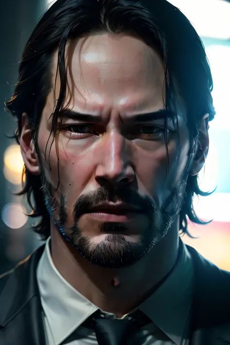 Keanu Reeves John wick frontal face close up portrait, cold neon lights, neon noir, masterpiece, best quality, photorealistic, ultra detailed.