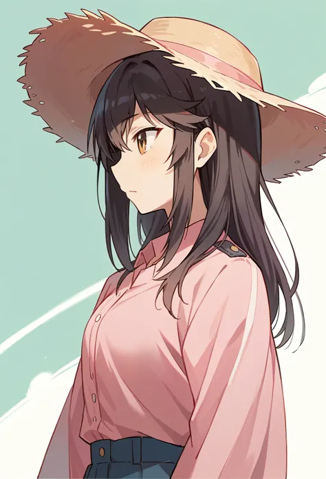 anime,Profile of a girl,Pink clothes,Pink straw hat,Ultra HD, high quality, Very detailed, Official Art, Uniform 8k wallpaper, Super detailed, 32k
