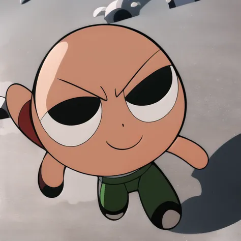 bald, anime, one punch, white shirt, cute smile, full body, 1boy , chibi, green eyes,