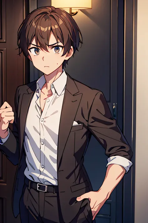 best quality a guy wearing a detective slight brown suit with spikey brown hair with a serious look in his face