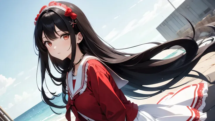 A beautiful girl wearing a red sailor suit with lots of frills and lace　Long black hair with hair ornament　Upper Body