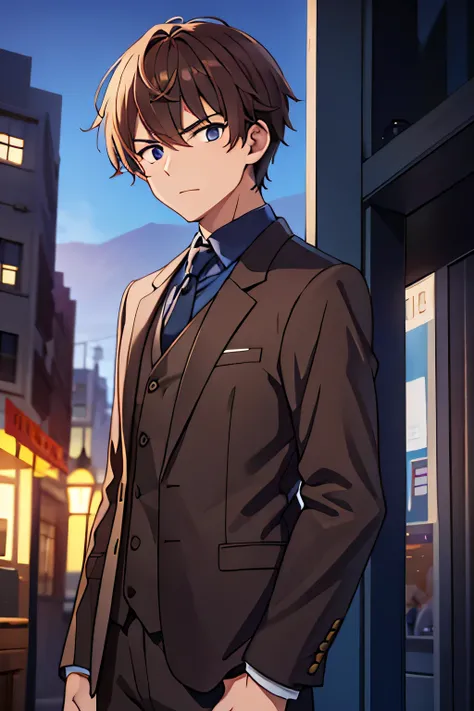 best quality a guy wearing a detective slight brown suit with spikey brown hair with a serious look in his face