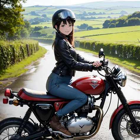 Vintage Bikes、Triumph、Isle of Man Races、(Young female rider stands on the back of her bike for a photo)、Leather jumper、Cromwell helmet with goggles、after the rain、English countryside landscape、